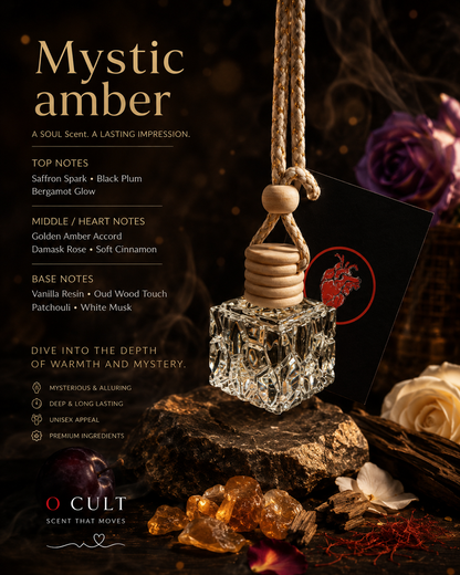 O CULT Mystic Amber Premium Car Fragrance, Hanging Air Freshener, Oil Form, Long Lasting up to 90 Days, Comes with Secret Message Tag,10ml