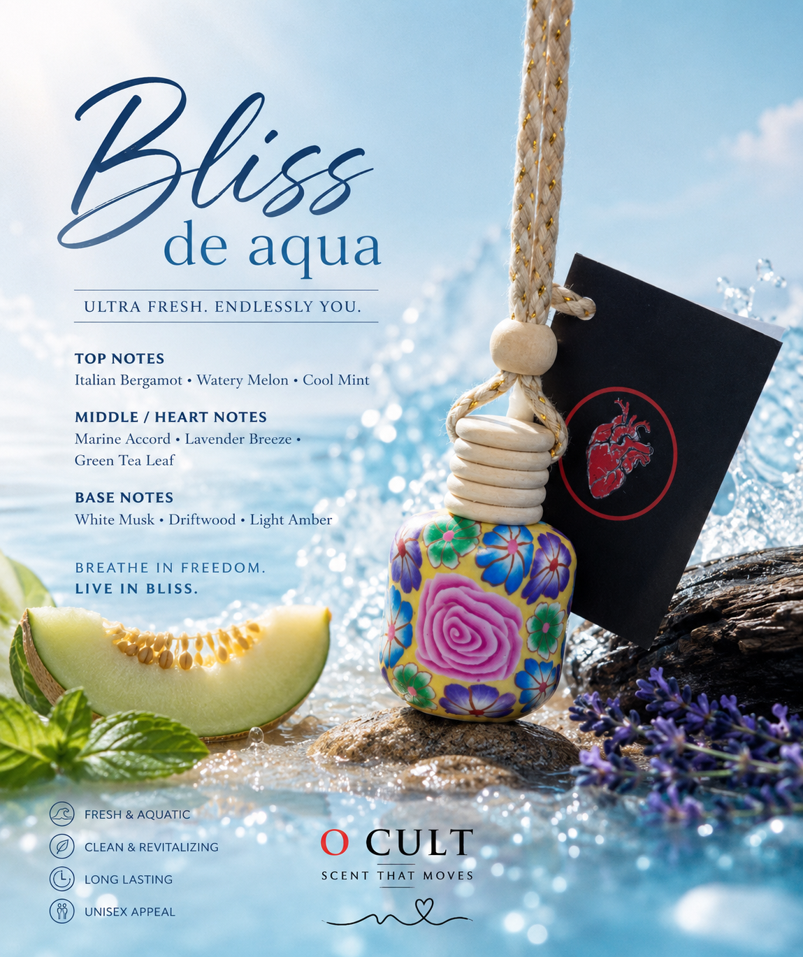OCULT Aqua Bloom Car perfume , Long- lasting, Hanging Diffuser with Secret Message Tag, Fresh Aquatic Scent (Last upto 90 Days) In-10ml.