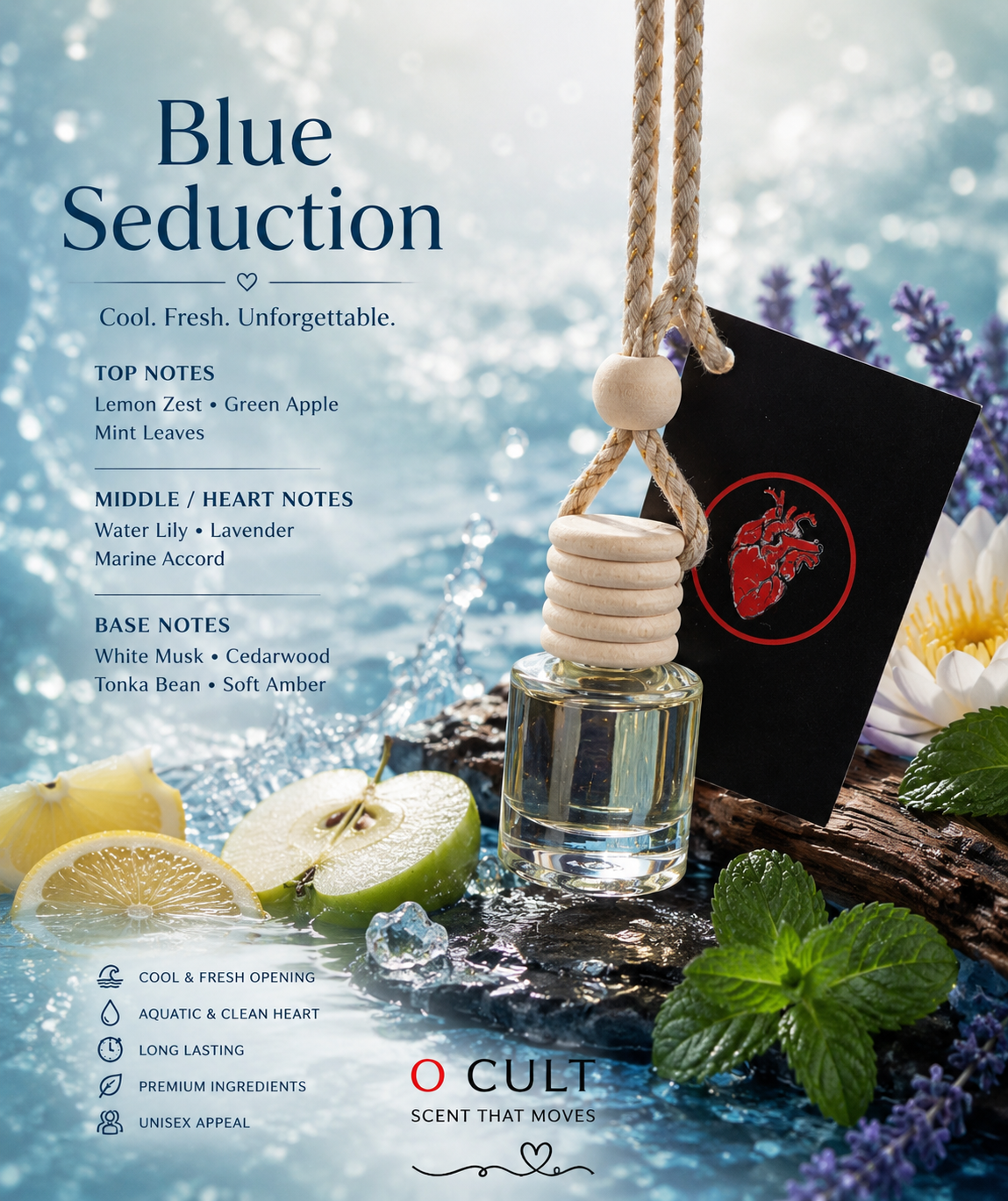 O CULT Blue Seduction Premium Car Fragrance, Hanging Air Freshener, Oil, 10ml, Lasts up to 90 Days, Unisex Scent